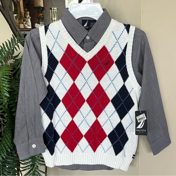 Brand New Nautica 2-Piece Argyle Sweater Vest & Gray Collared Button Down Shirt - Picture 1 of 13